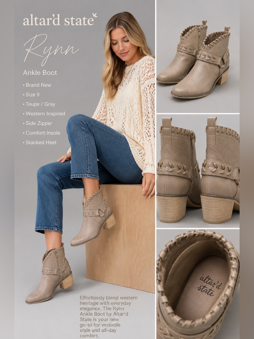 Altar’d State Rynn Western Ankle Boots Taupe Gray Size 9 NWOT Never Worn